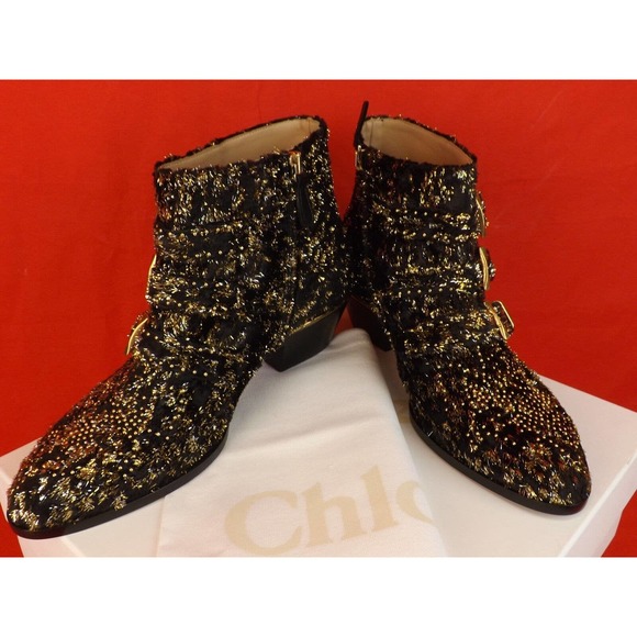 NIB CHLOE SUSANNA BLACK VELVET GOLD STUDDED BUCKLES MOTORCYCLE ANKLE BOOTS 38 8 - Picture 8 of 12